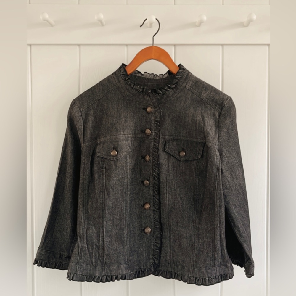Sandro Denim Ruffle Jacket Tweed Pattern Women’s Petite Large Quiet Luxury